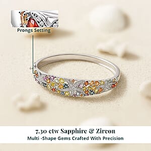 Rainbow Sapphire and White Zircon 7.30 ctw Starfish Bangle Bracelet in Rhodium Over Sterling Silver (7.50 In)