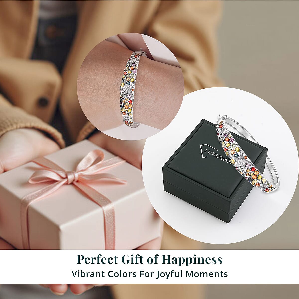 Rainbow Sapphire and White Zircon 7.30 ctw Starfish Bangle Bracelet in Rhodium Over Sterling Silver (7.50 In) image number 4