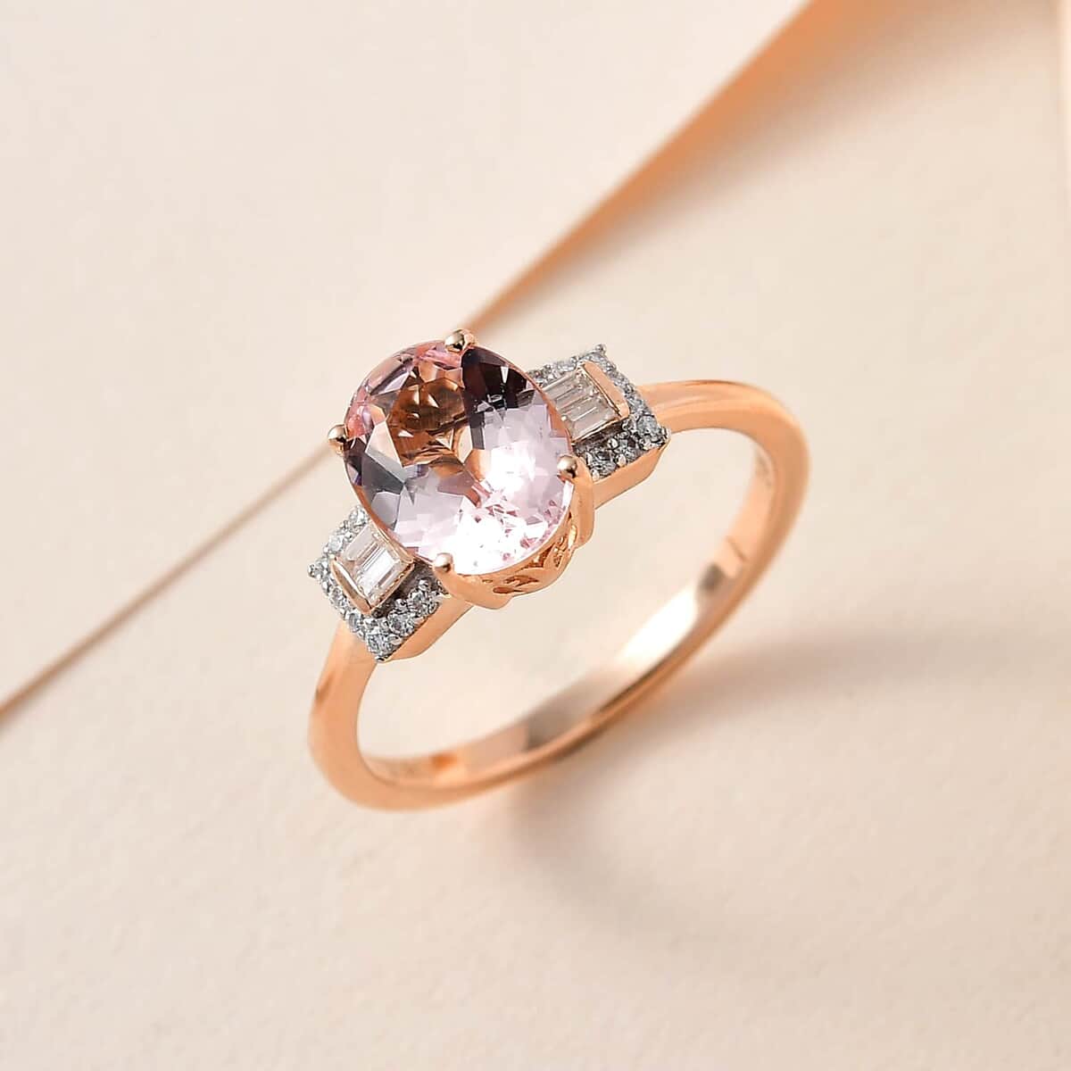 Luxoro 14K Rose Gold AAA Pink Morganite and Moissanite Ring (Size 10.0) 1.65 ctw image number 1