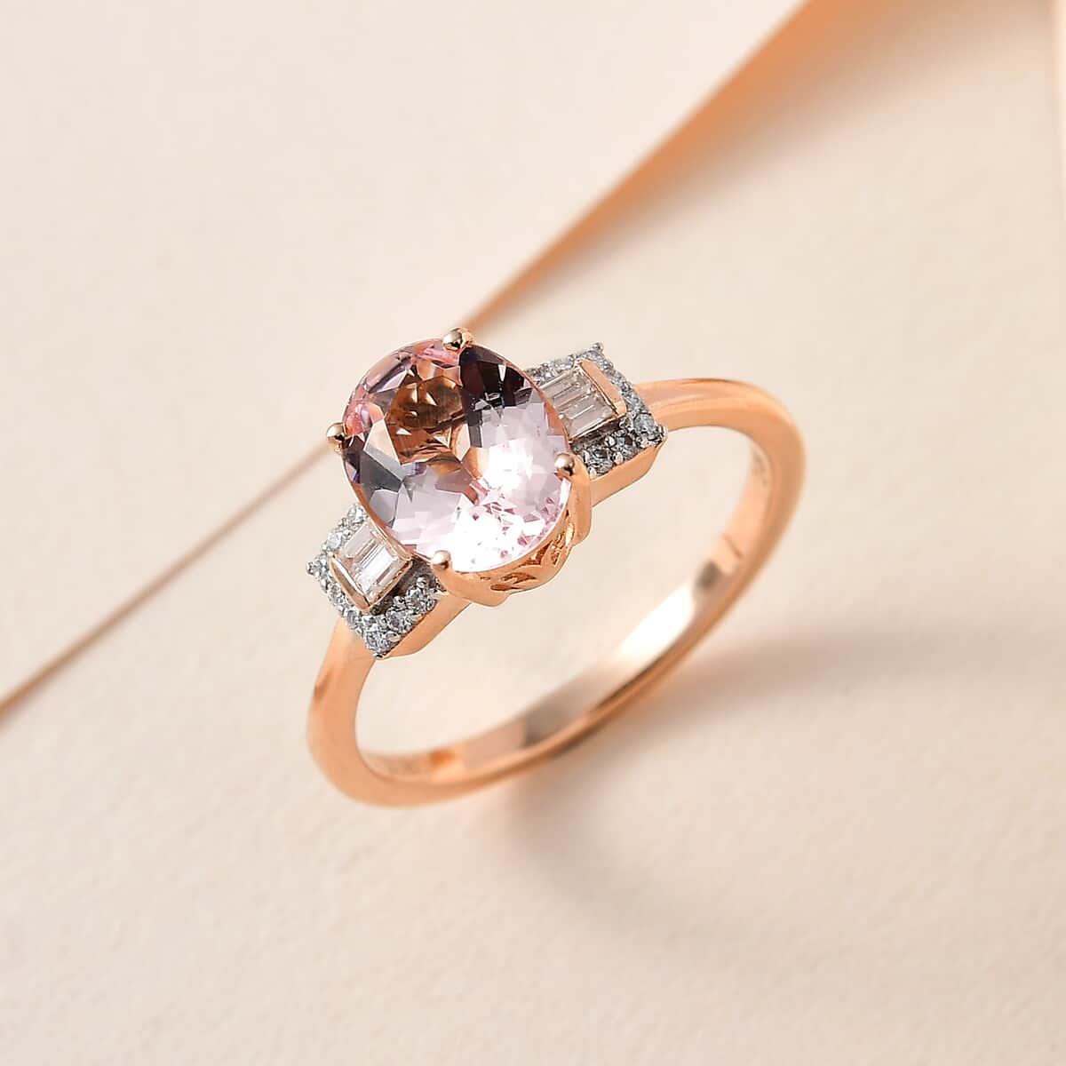 Luxoro 14K Rose Gold AAA Pink Morganite and Moissanite Ring (Size 6.0) 1.65 ctw image number 1