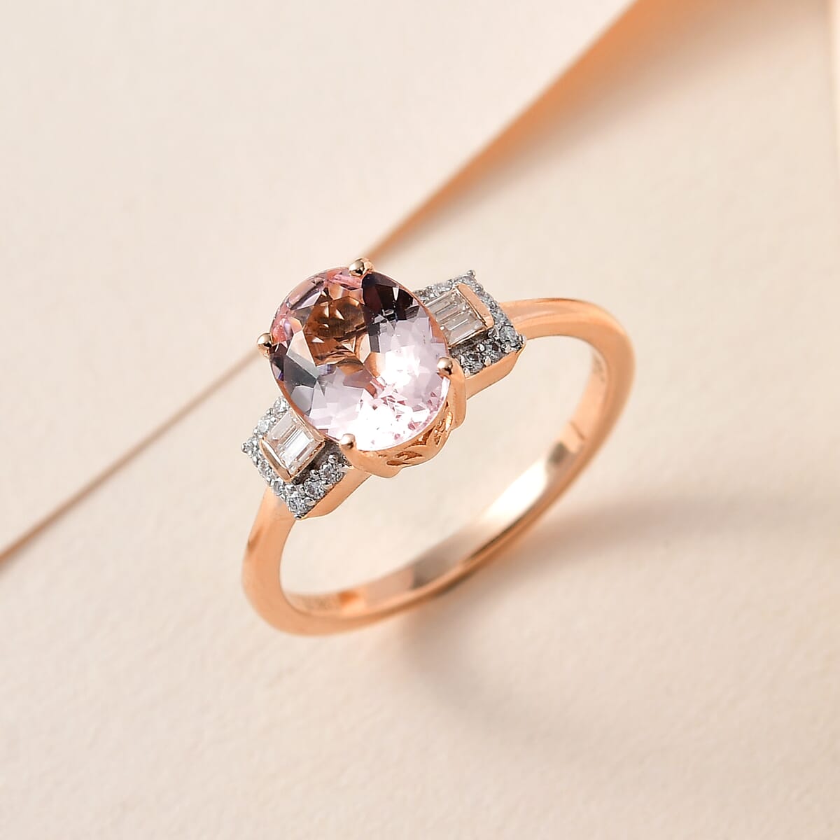 Luxoro 14K Rose Gold AAA Pink Morganite and Moissanite Ring (Size 7.0) 1.65 ctw image number 1