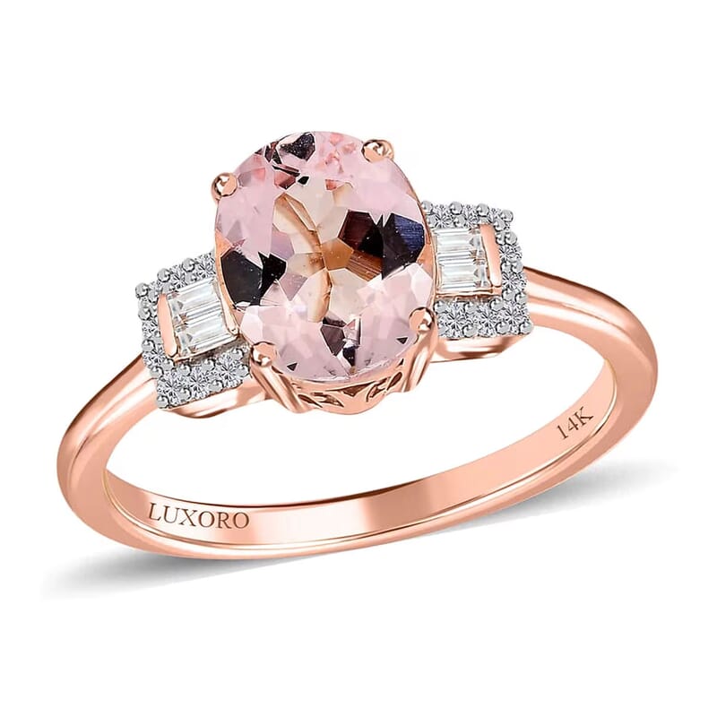 Luxoro 14K Rose Gold AAA Pink Morganite and Moissanite Ring (Size 8.0) 1.65 ctw