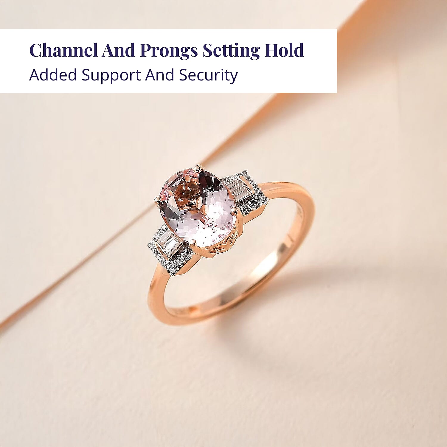 Luxoro 14K Rose Gold AAA Pink Morganite and Moissanite Ring (Size 8.0) 1.65 ctw