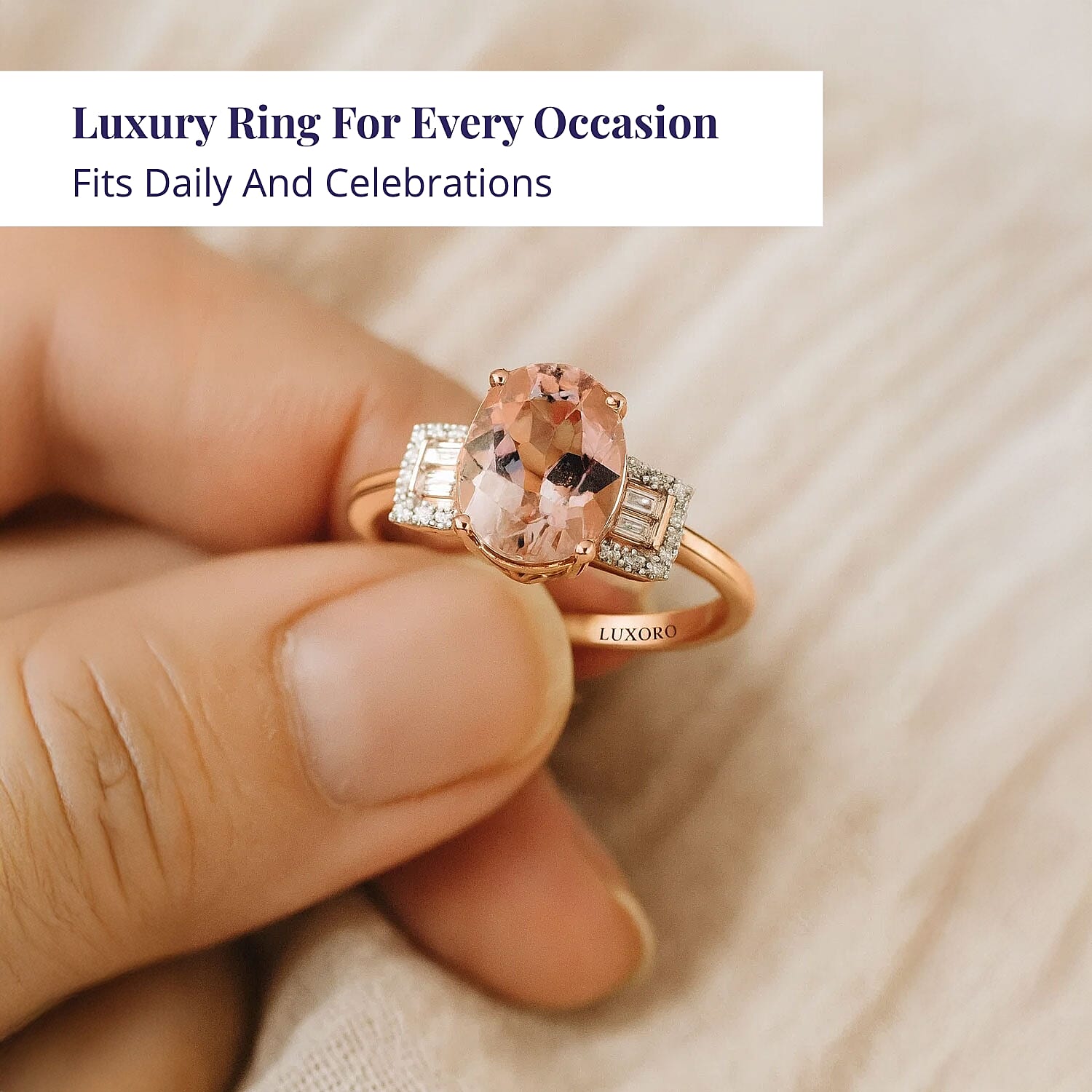 Luxoro 14K Rose Gold AAA Pink Morganite and Moissanite Ring (Size 8.0) 1.65 ctw