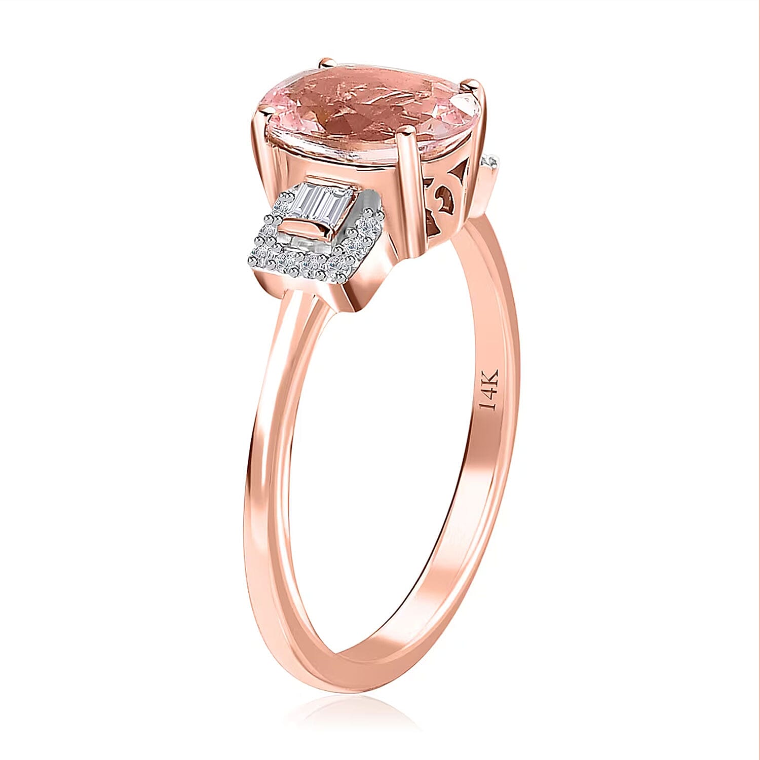 Luxoro 14K Rose Gold AAA Pink Morganite and Moissanite Ring (Size 8.0) 1.65 ctw