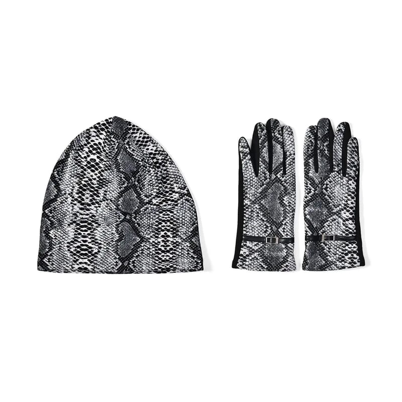 Python Skin Printed Hat (9.5 cm) and 1 Pair Gloves - Gray