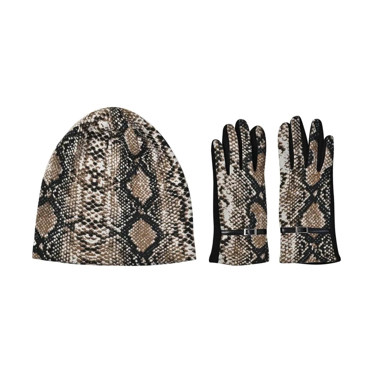 Python Skin Printed Hat and 1 Pair Gloves - Brown image number 0