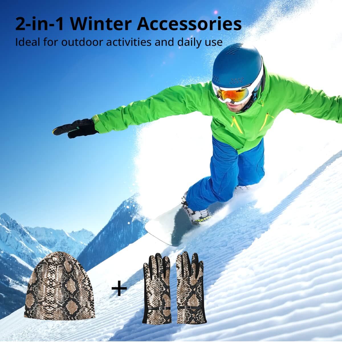 Python Skin Printed Hat and 1 Pair Gloves - Brown image number 1