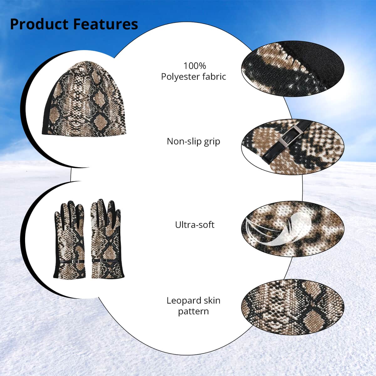 Python Skin Printed Hat and 1 Pair Gloves - Brown image number 2