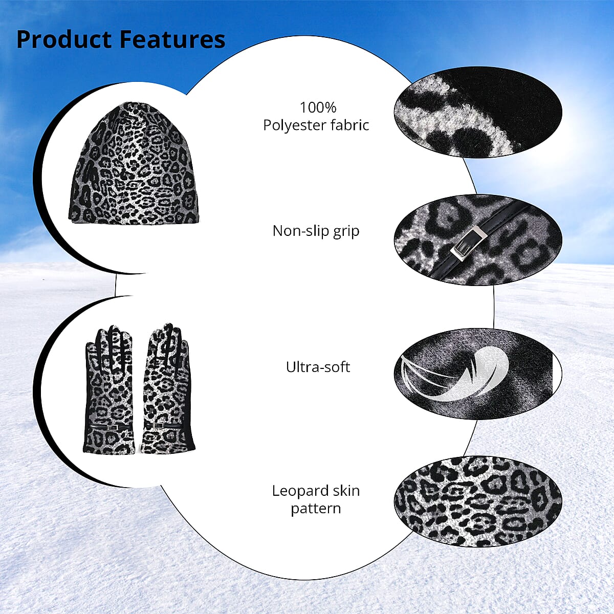 Leopard Skin Printed Hat and 1 Pair Gloves - Dark Gray image number 2