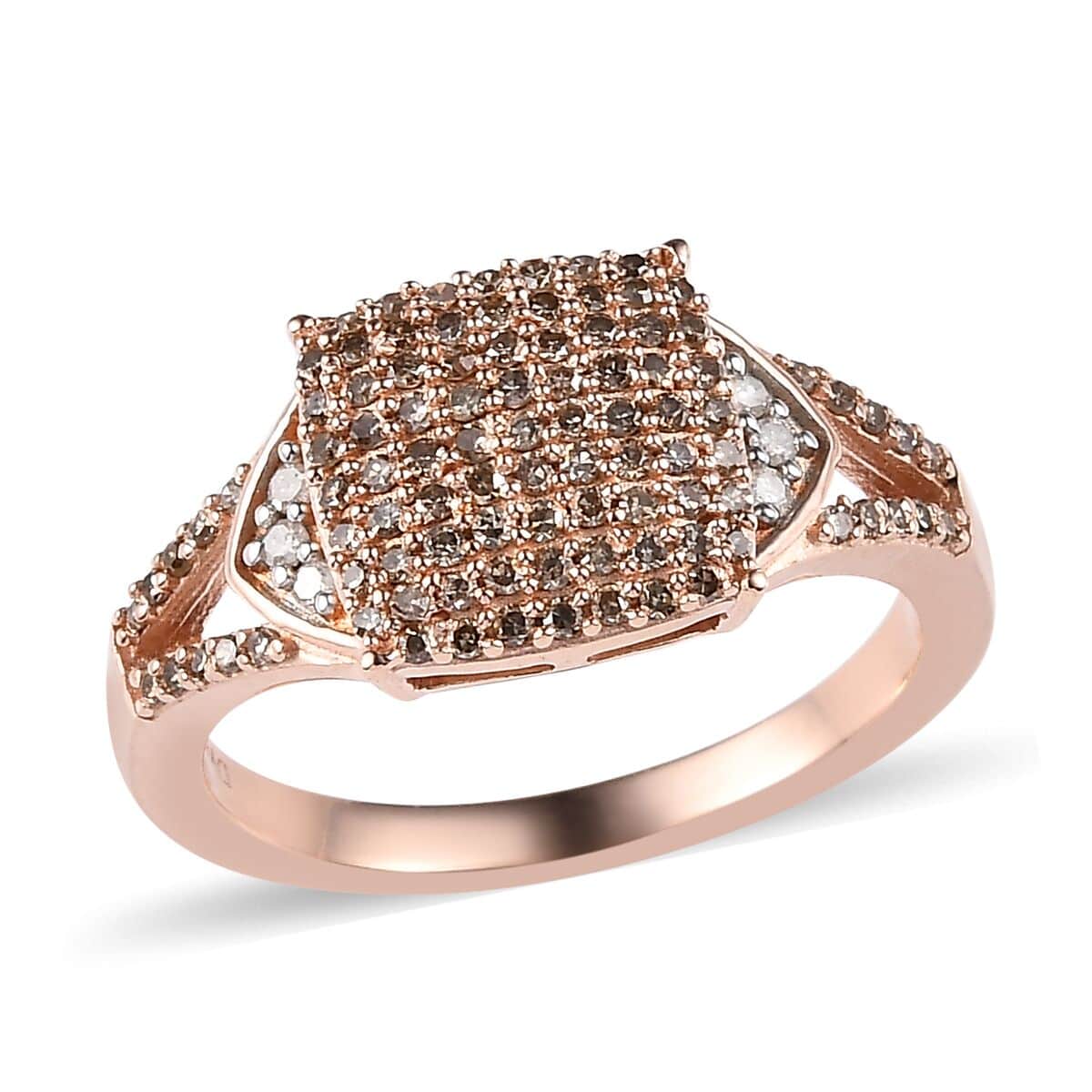 Natural Champagne and White Diamond 0.50 ctw Split Shank Ring in Vermeil Rose Gold Over Sterling Silver (Size 10.0) (Del. In 10-12 Days) image number 0