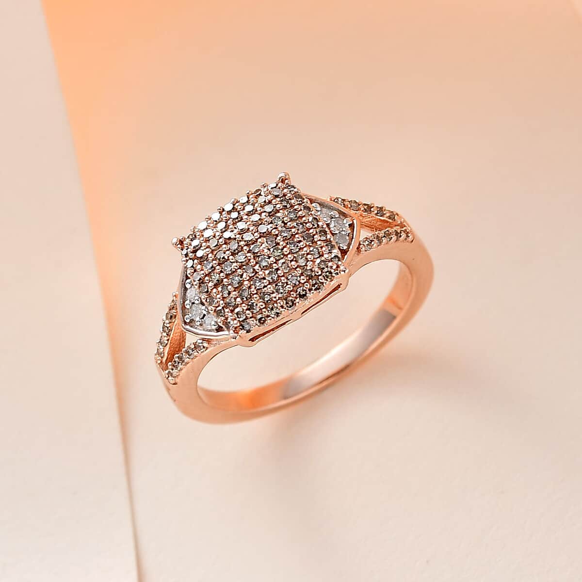 Natural Champagne and White Diamond 0.50 ctw Split Shank Ring in Vermeil Rose Gold Over Sterling Silver (Size 10.0) (Del. In 10-12 Days) image number 1