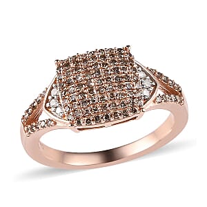 D'Joy Natural Champagne and White Diamond 0.50 ctw Split Shank Ring in Vermeil Rose Gold Over Sterling Silver (Size 5.0)