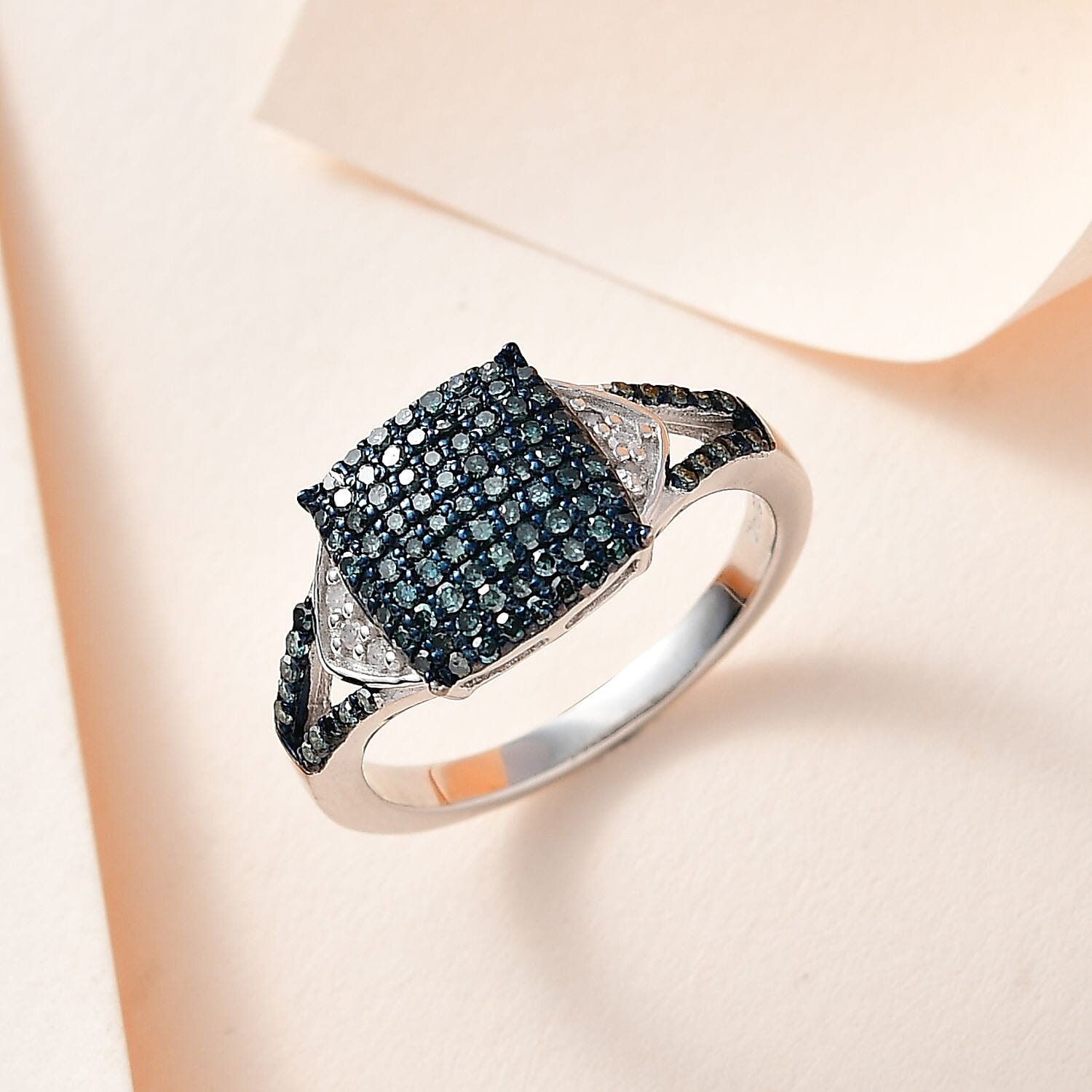 Blue Diamond (IR), Diamond Split Shank Ring in Platinum Over Sterling Silver (Size 10.0) 0.50 ctw
