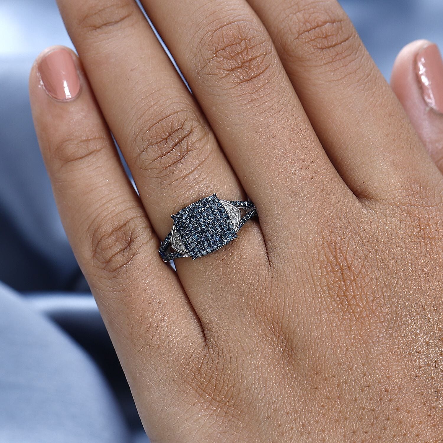 Blue Diamond (IR), Diamond Split Shank Ring in Platinum Over Sterling Silver (Size 10.0) 0.50 ctw