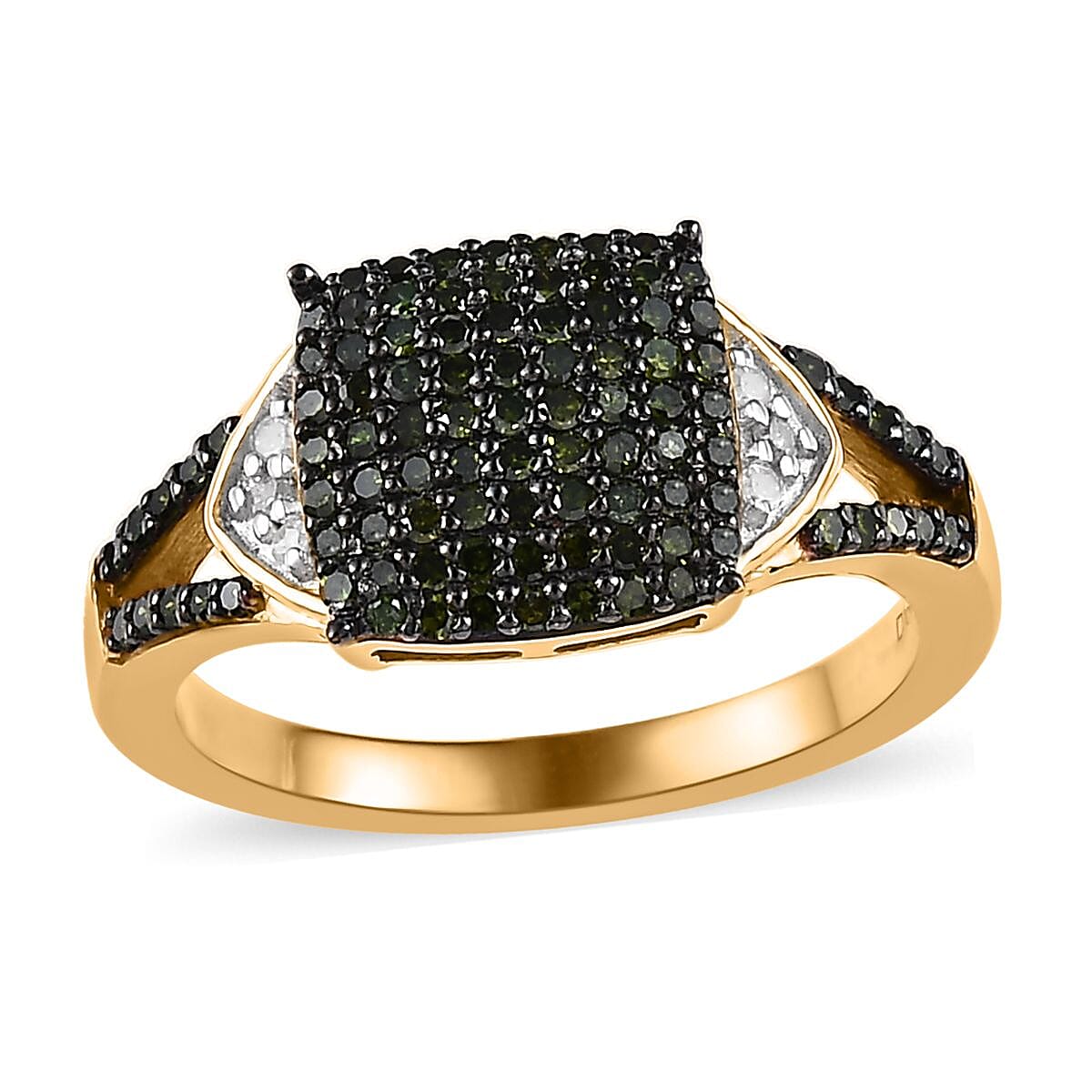Green and White Diamond Split Shank Ring in Vermeil Yellow Gold Over Sterling Silver (Size 8.0) 0.50 ctw image number 0
