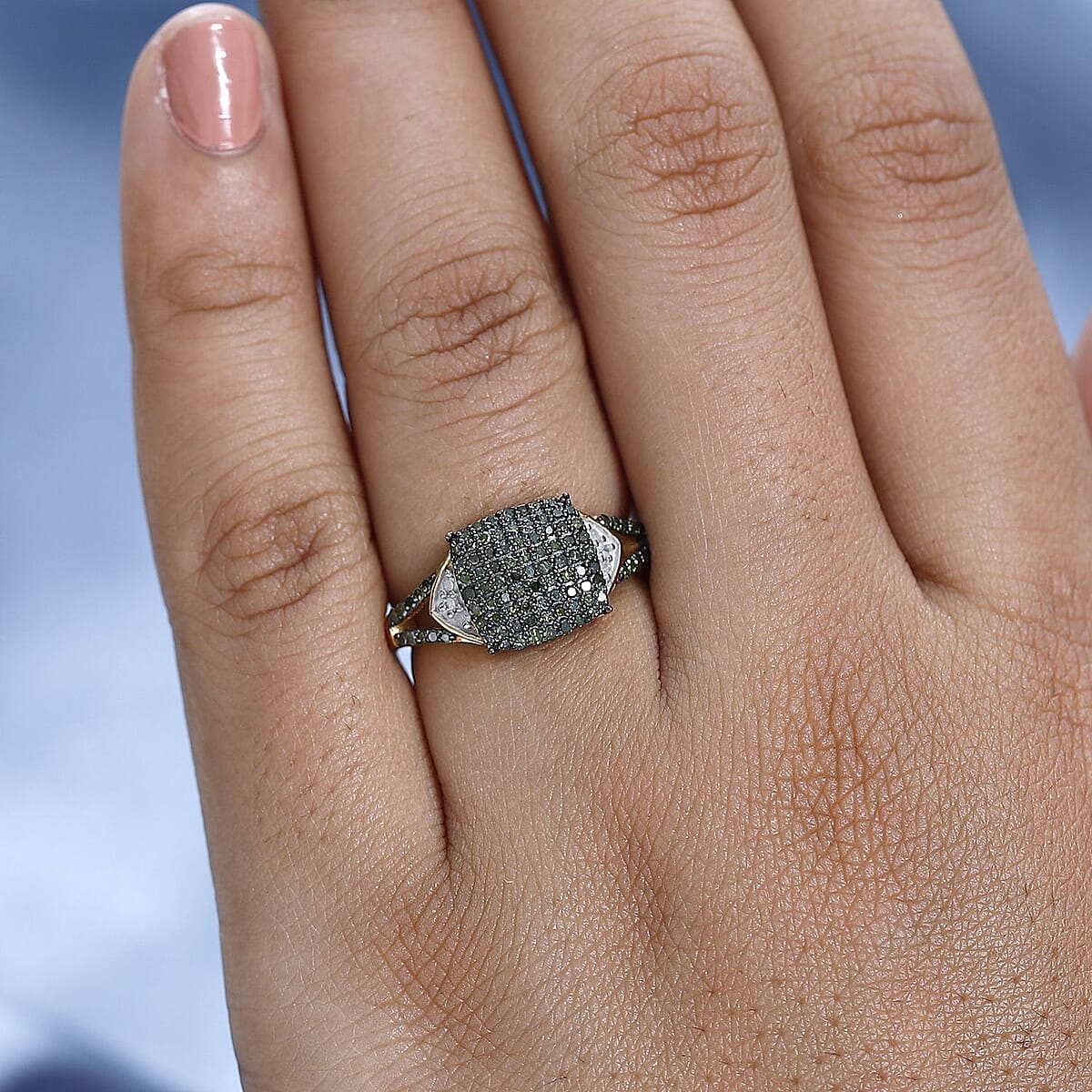 Green and White Diamond Split Shank Ring in Vermeil Yellow Gold Over Sterling Silver (Size 8.0) 0.50 ctw image number 2