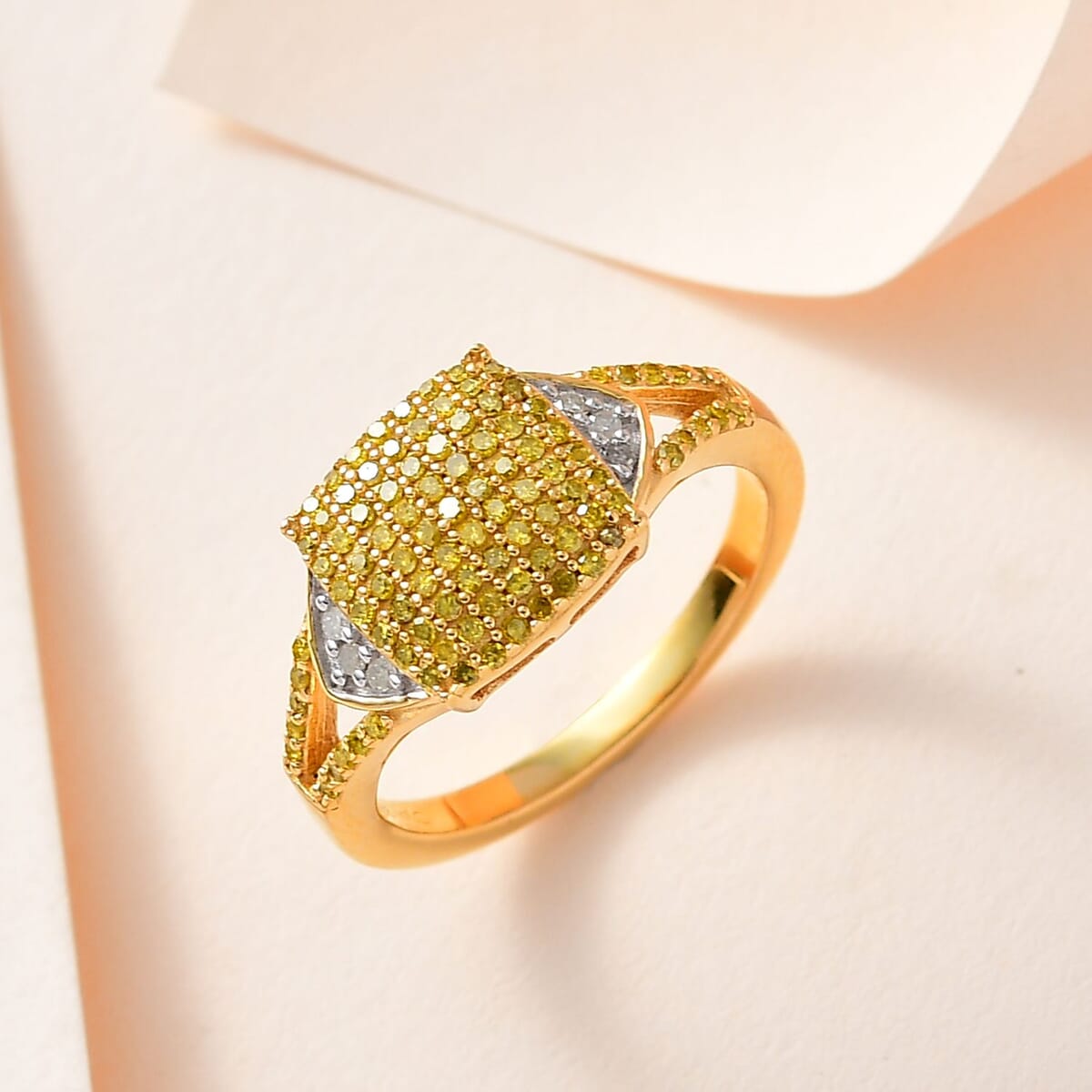 Yellow and White Diamond 0.50 ctw Split Shank Ring in Vermeil Yellow Gold Over Sterling Silver (Size 10.0) image number 1