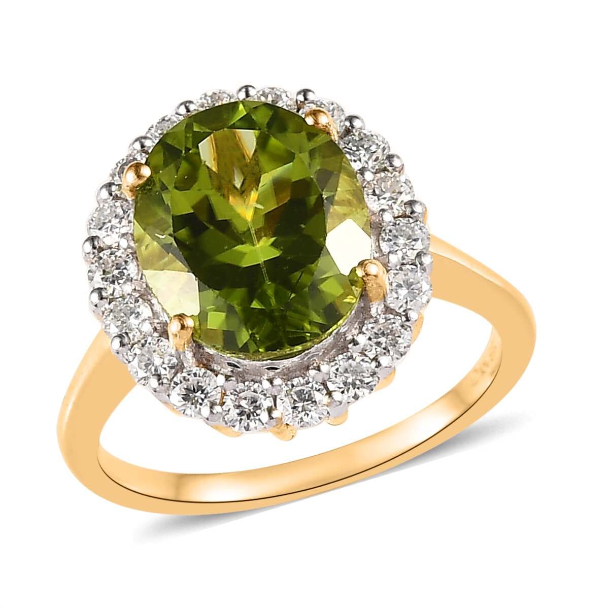 Premium Peridot and Moissanite Halo Ring in Vermeil Yellow Gold Over Sterling Silver 4.10 ctw image number 0