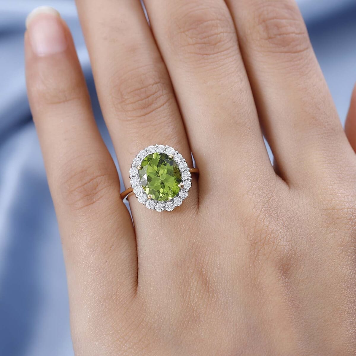 Premium Peridot and Moissanite Halo Ring in Vermeil Yellow Gold Over Sterling Silver 4.10 ctw image number 2
