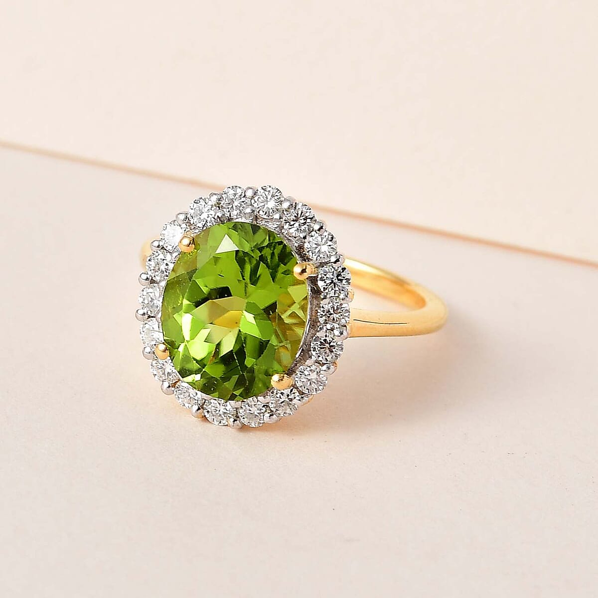 Premium Peridot and Moissanite Halo Ring in Vermeil Yellow Gold Over Sterling Silver (Size 5.0) 4.10 ctw image number 1