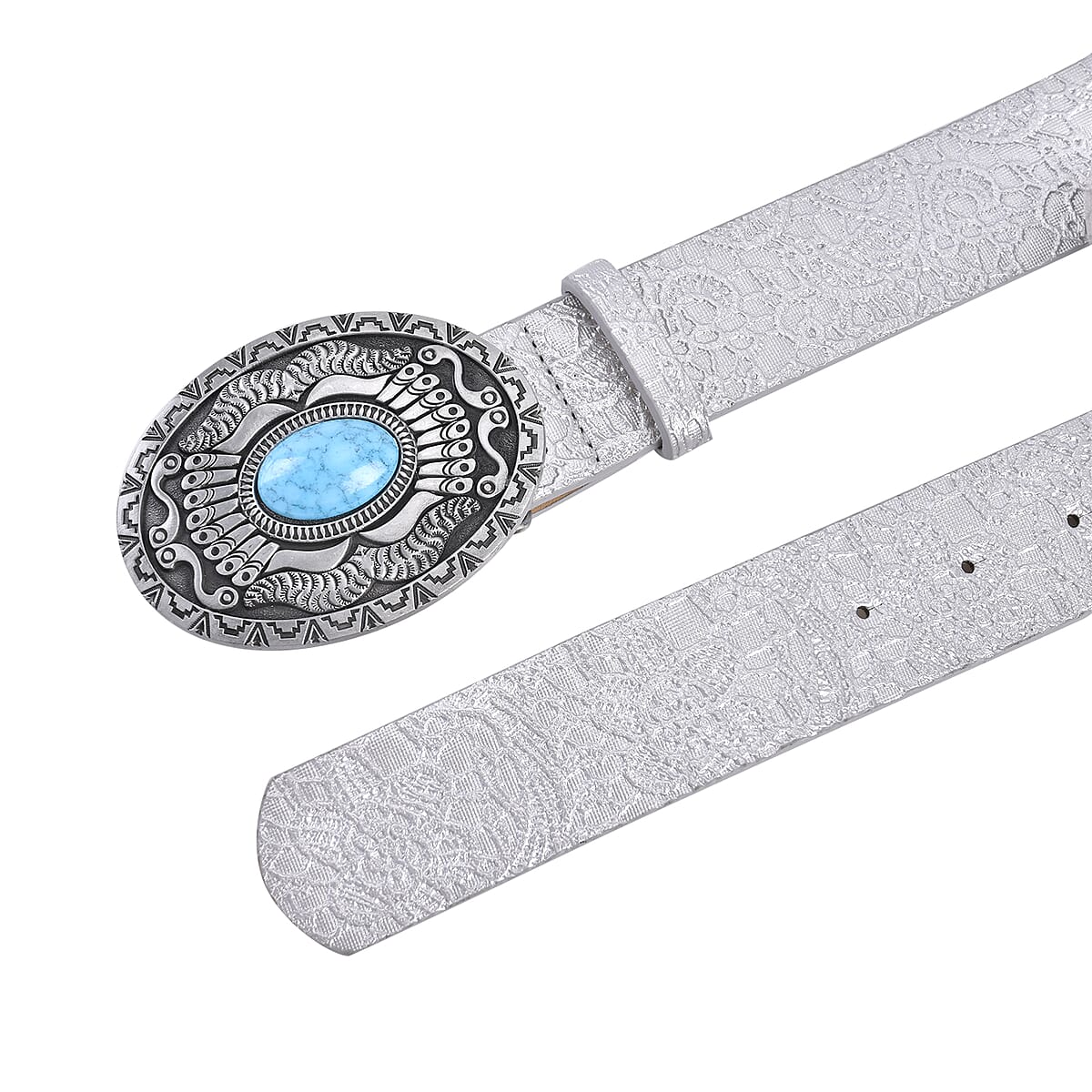 Silver Color Faux Leather Buckle Belt with Kallaite Stone image number 1
