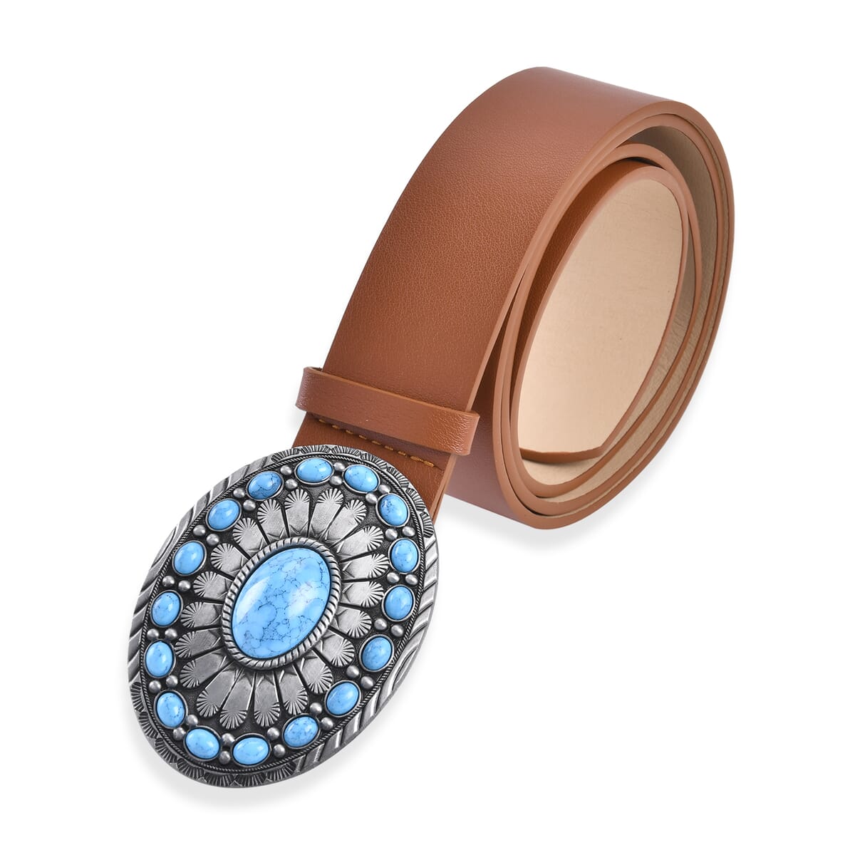 Brown Faux Leather Buckle Belt with Kallaite Stone image number 0