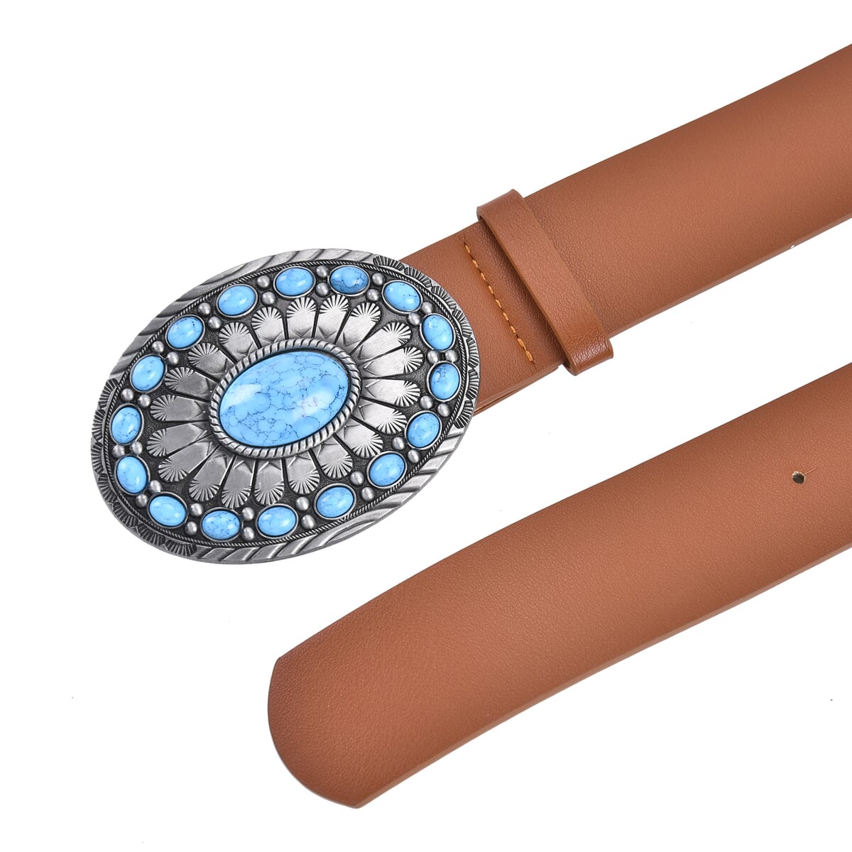 Brown Faux Leather Buckle Belt with Kallaite Stone image number 1
