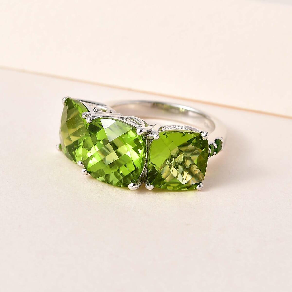 Premium Peridot and Chrome Diopside Trilogy Ring in Rhodium Over Sterling Silver 11.25 ctw image number 1