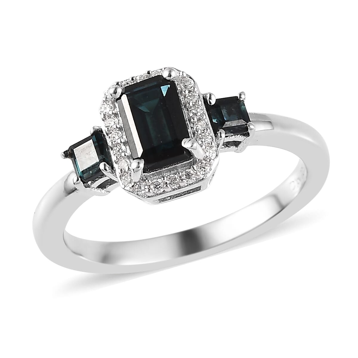 Monte Belo Indicolite and Moissanite Halo Ring in Platinum Over Sterling Silver 0.90 ctw image number 0