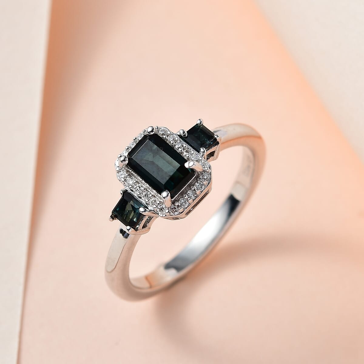Monte Belo Indicolite and Moissanite Halo Ring in Platinum Over Sterling Silver 0.90 ctw image number 1