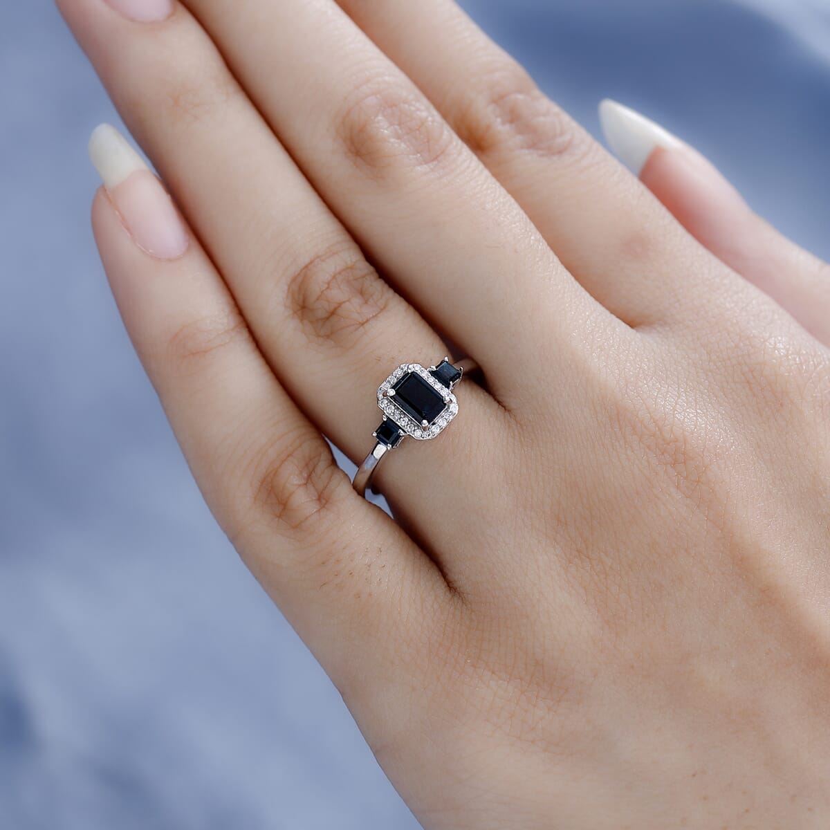 Monte Belo Indicolite and Moissanite Halo Ring in Platinum Over Sterling Silver 0.90 ctw image number 2