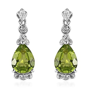 Premium Peridot and White Zircon Drop Earrings in Rhodium Over Sterling Silver 3.70 ctw