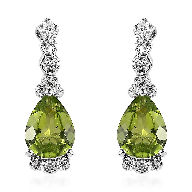 Premium Peridot and White Zircon Drop Earrings in Rhodium Over Sterling Silver 3.70 ctw