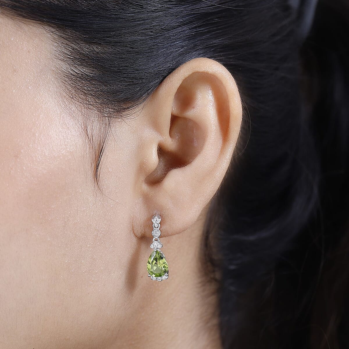 Premium Peridot and White Zircon Drop Earrings in Rhodium Over Sterling Silver 3.70 ctw image number 2
