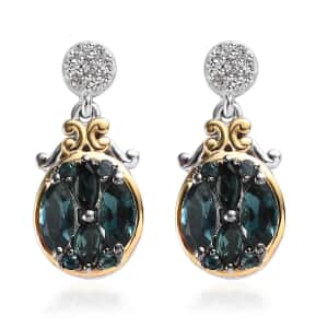 Premium Monte Belo Indicolite and White Zircon Dangle Earrings in Vermeil YG and Platinum Over Sterling Silver 1.60 ctw