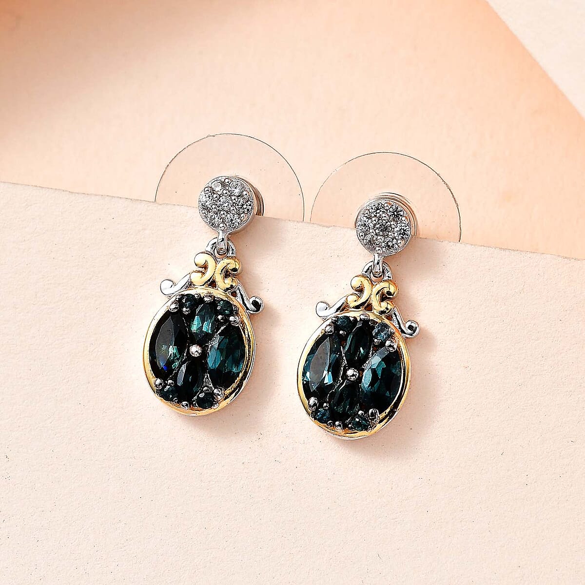 Premium Monte Belo Indicolite and White Zircon Dangle Earrings in Vermeil YG and Platinum Over Sterling Silver 1.60 ctw image number 1