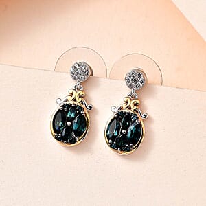 Premium Monte Belo Indicolite and White Zircon Dangle Earrings in Vermeil YG and Platinum Over Sterling Silver 1.60 ctw