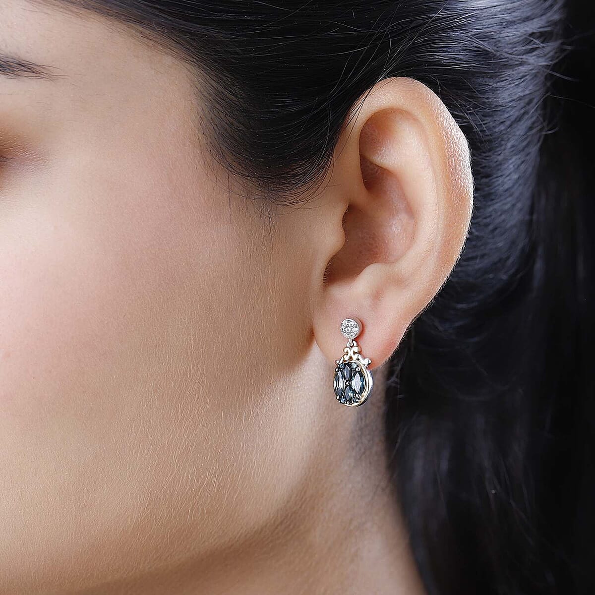 Premium Monte Belo Indicolite and White Zircon Dangle Earrings in Vermeil YG and Platinum Over Sterling Silver 1.60 ctw image number 2