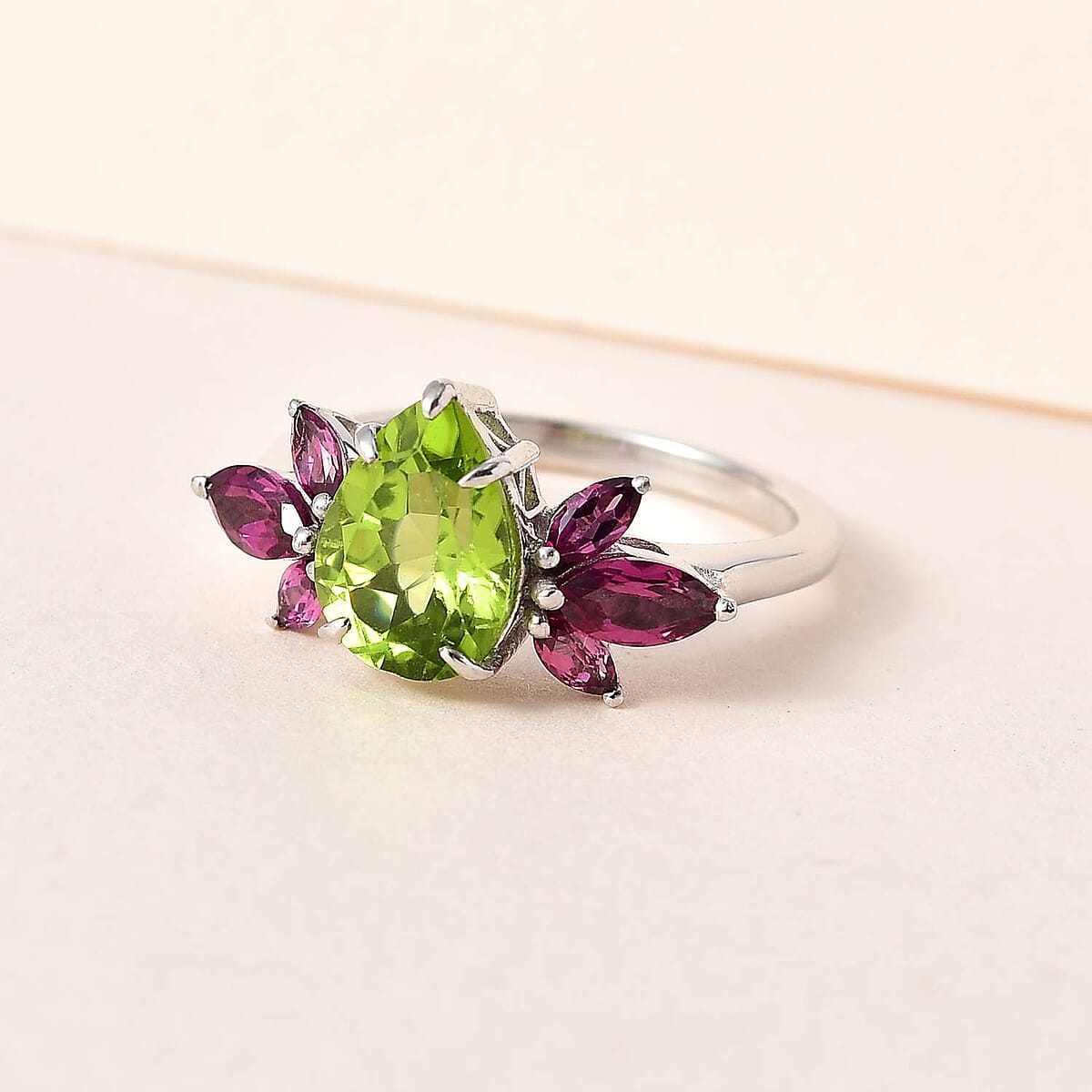 Premium Peridot and Orissa Rhodolite Garnet Ring in Rhodium Over Sterling Silver (Size 8.0) 2.90 ctw image number 1