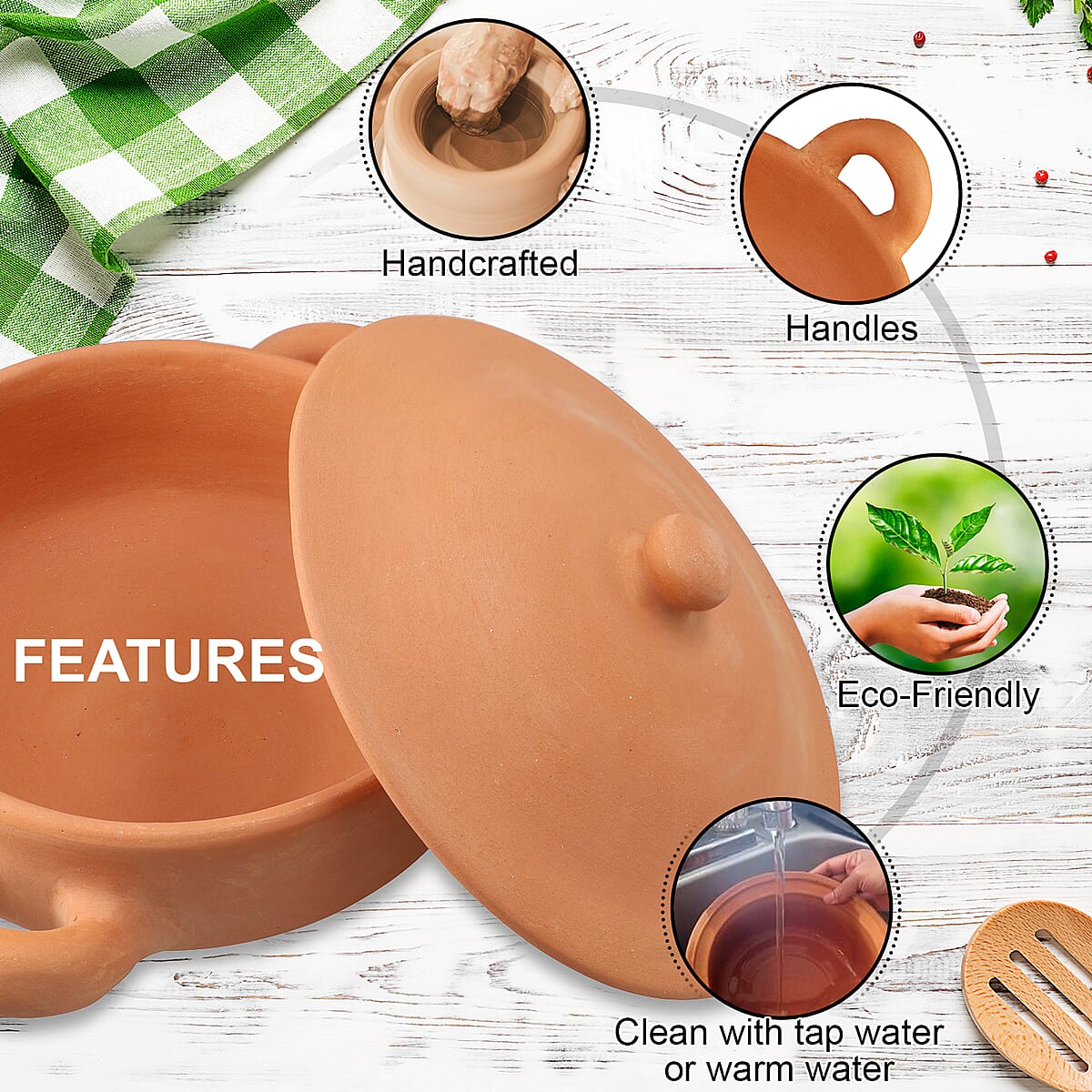 Handcrafted, Eco-friendly, Reusable, Made in India, Terracota Earthern clay Pot With Lid For Cooking And Serving image number 2