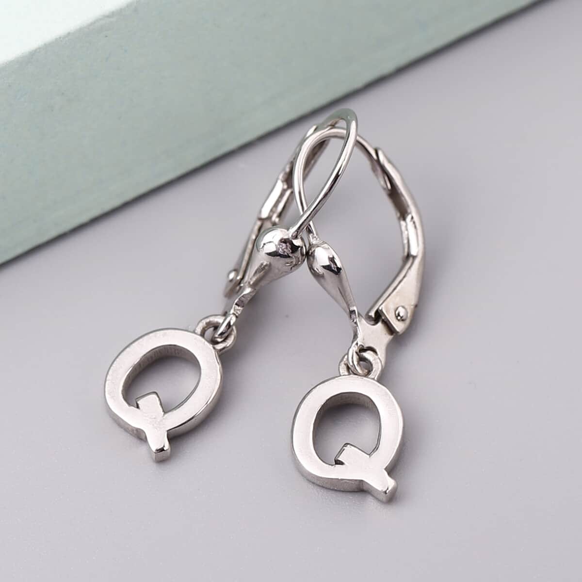 Platinum Over Sterling Silver Dangle Initial Q Earrings image number 1