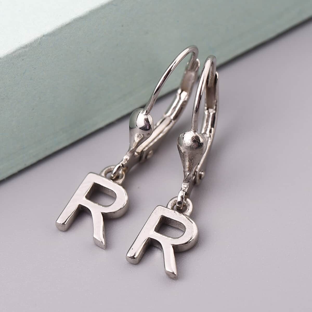 Platinum Over Sterling Silver Initial R Earrings image number 1