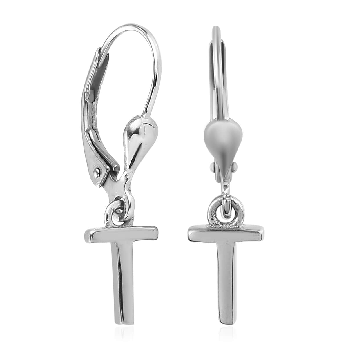Platinum Over Sterling Silver Dangle Initial T Earrings image number 3