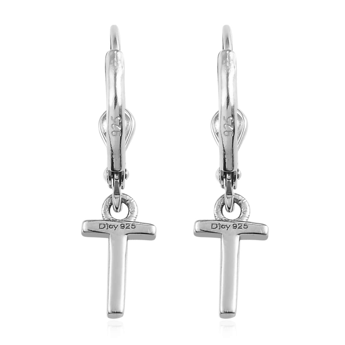 Platinum Over Sterling Silver Dangle Initial T Earrings image number 4