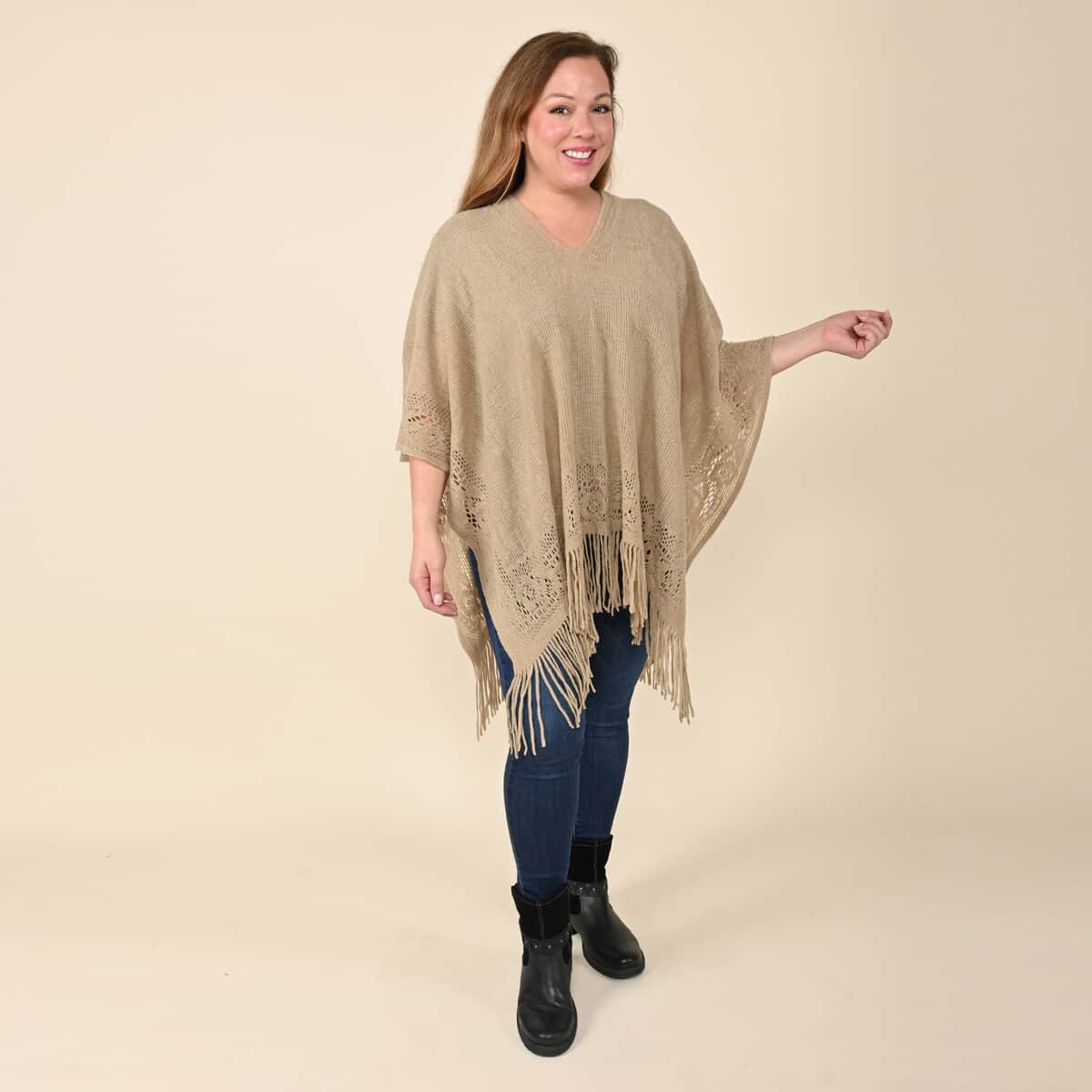 TAMSY Beige Solid Knitted Poncho (One Size Fits Most, 21.6"x38.5") image number 0