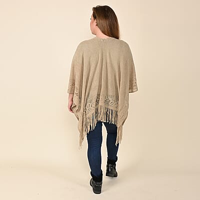 Tamsy Beige Solid Knitted Poncho (One Size Fits Most)