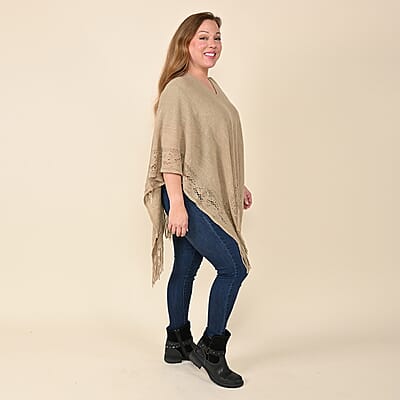 Tamsy Beige Solid Knitted Poncho (One Size Fits Most)