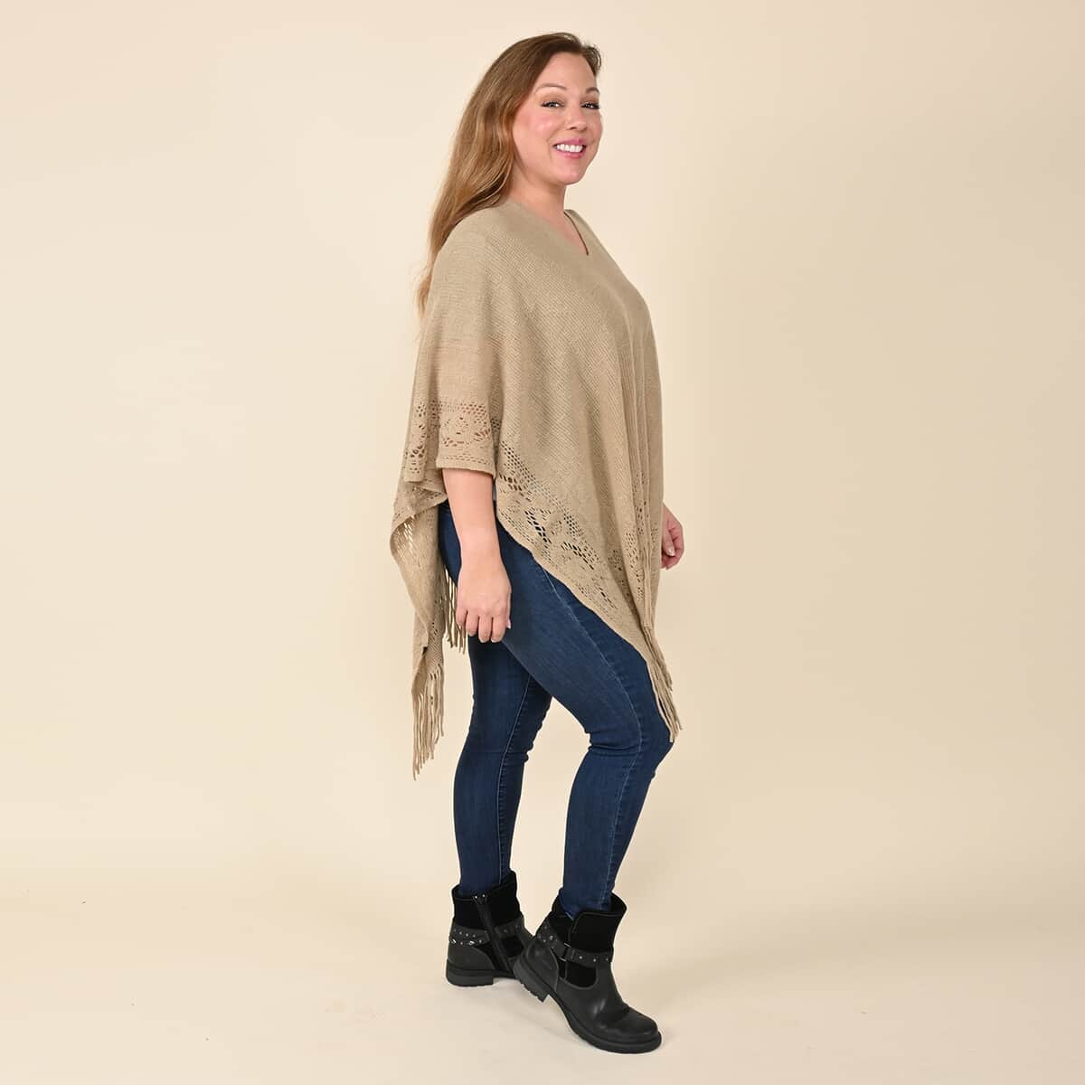 TAMSY Beige Solid Knitted Poncho (One Size Fits Most, 21.6"x38.5") image number 2