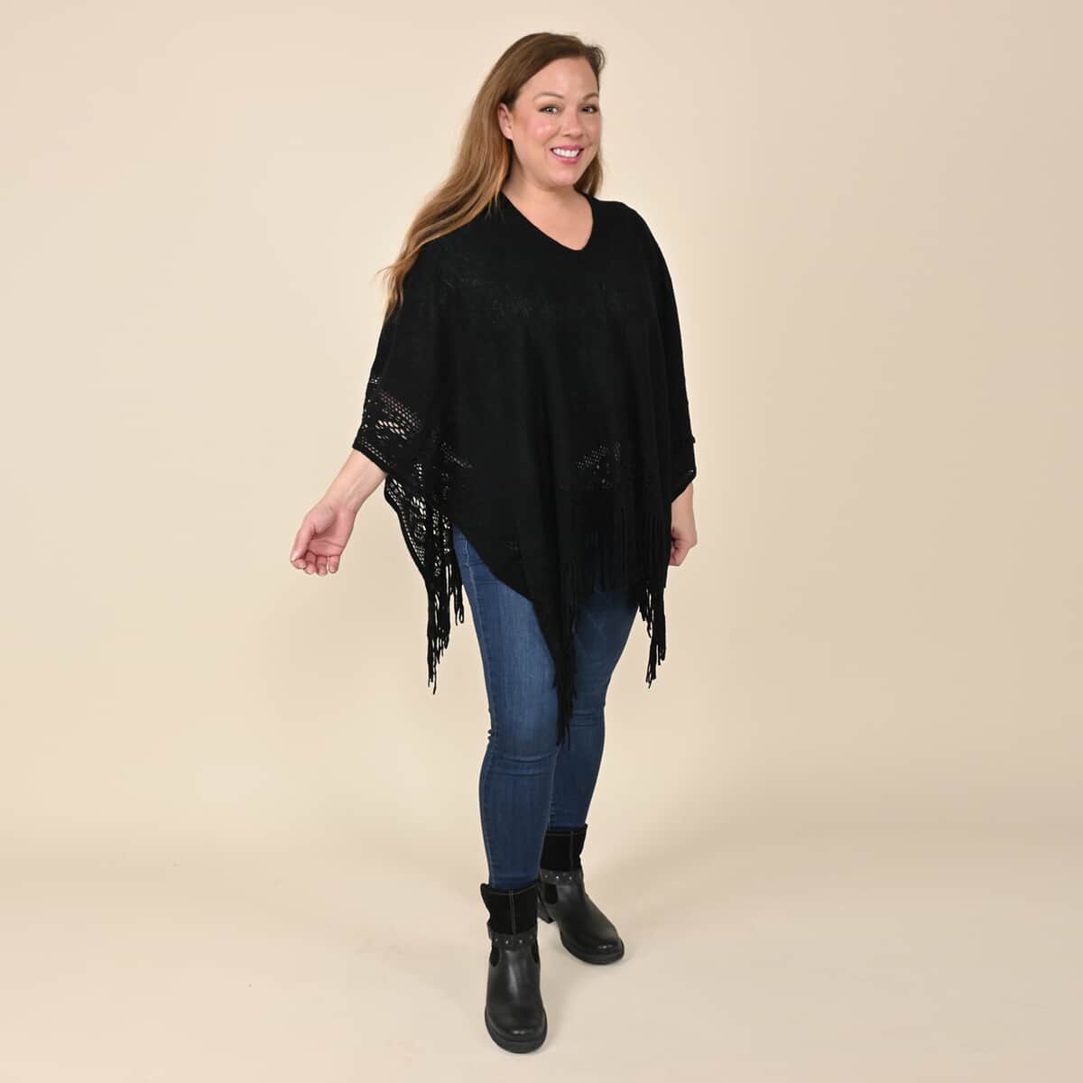Tamsy Black Solid Knitted Poncho (One Size Fits Most) image number 0